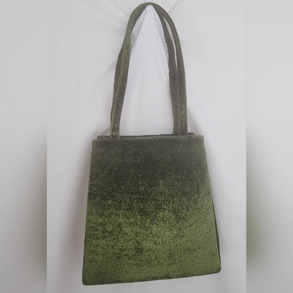 Vintage 60s Emerald Velvet Mini Bag Paisley Fringe Trim Jewel Tone Trapeze Purse - Picture 4 of 15